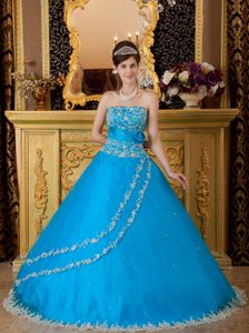 Strapless Aqua Blue Quinces Dresses with Embroidery and Beadings on Promotion