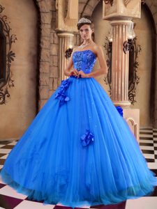 Blue Ball Gown Quinceanera Gown with Beadings and Handmade Flowers