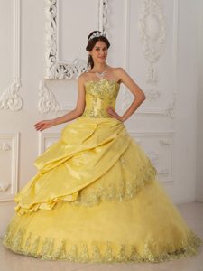 Strapless Yellow Quinces Dress with Embroidery and Lace Up Back on Promotion