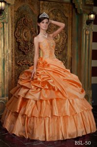 Orange Red Layered Sweet 15 Dress with Beadings and Handle Flowers in Organza