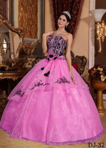 Beautiful Hot Pink Organza Quince Dress with Embroidery and Handmade Flowers