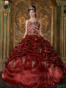 2013 Wine Red Ball Gown Quinceanera Dress with Spaghetti Straps and Appliques