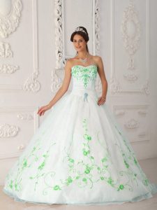 White Ball Gown Sweetheart Quinceanera Dress with Green Embroidery in Organza