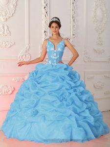 Baby Blue Quinceanera Gown Dress in Satin and Organza with Straps