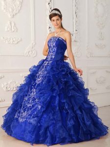 Royal Blue Embroidery Strapless Quinces Dress in Satin and Organza