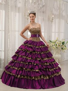 Purple Sweetheart Quinces Dresses in Taffeta and Leopard with Ruffles