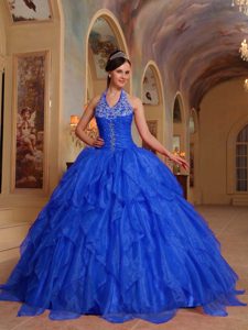 Blue Halter Top Organza Embroidery Quinceanera Gowns on Promotion