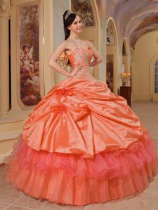 One Shoulder Quinces Dress in Orange Red with Appliques and Ruffles