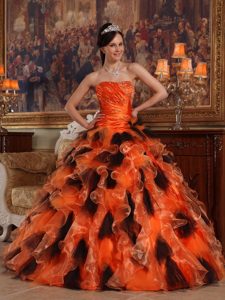Organza Sweet 15 Dress in Orange and Black with Beading and Ruffles