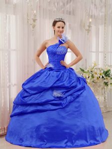 Blue One Shoulder Quinceanera Gown Dress with Beading and Pick-ups