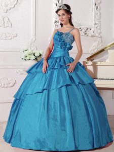 Teal Straps Dress for Quinceanera with Beading and Flowers in Taffeta
