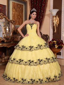 Pretty Organza Quinceaneras Dress in Yellow with Appliques and Lace