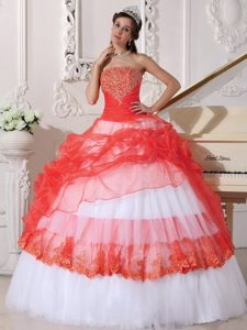 Coral Red and White Quinceanera Gown Dress with Appliques