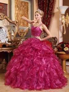 Customize Red One Shoulder Organza Quinceanera Dress with Beading