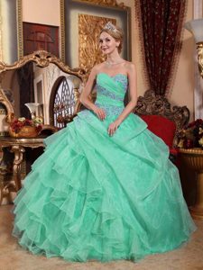 Organza Dresses for Quinces with Appliques and Ruche in Apple Green