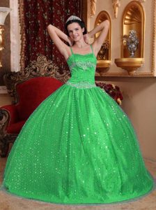 Green Spaghetti Straps Sweet Sixteen Quinceanera Dresses in Sequin
