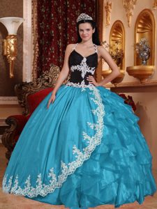 Aqua Blue V-neck Taffeta and Organza Sweet 16 Dresses with Appliques
