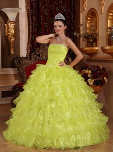 Light Yellow Strapless Organza Sweet 16 Dress with Beading and Ruffles