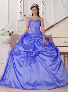 Blue Sweetheart Quinceaneras Dress with Beading and Handle Flowers