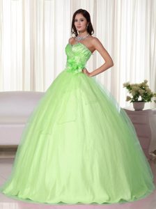 Yellow Green Tulle Sweetheart Quince Dress with Beading on Promotion