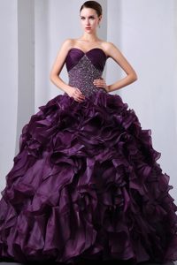 Purple Organza Dress for Quinceanera with Beading and Ruffles