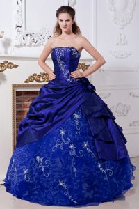 Strapless Taffeta and Organza Embroidery Dress for Quince in Dark Blue