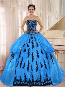 Discount Strapless Organza Embroidery Sweet 15 Dresses in Aqua Blue