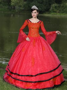 The Most Popular Red Long Sleeves V-neck Quinces Dress with Appliques