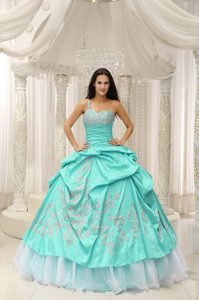 Apple Green One Shoulder Embroidery Quinceanera Dresses in Organza