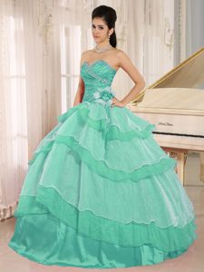 Turquoise Beaded Quince Dress with Ruched Bodice and Ruffled Layers