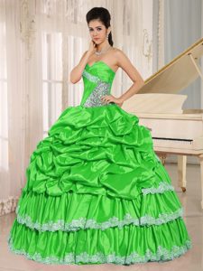 Spring Green Beaded Quinceaneras Gowns with Appliques and Pick-ups