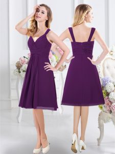 Purple Zipper Bridesmaid Gown Ruching Sleeveless Knee Length
