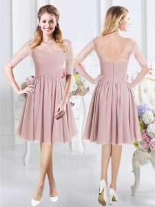 Most Popular Pink A-line Scoop Half Sleeves Chiffon Knee Length Zipper Lace and Ruching Bridesmaid Gown