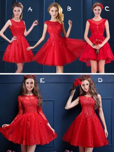 Ideal Red Bridesmaids Dress Prom and Party and Wedding Party and For with Lace and Appliques Scoop Sleeveless Lace Up