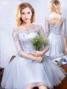 Discount Scoop Knee Length A-line Half Sleeves Grey Bridesmaid Gown Lace Up