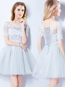 Dynamic Off the Shoulder Light Blue Lace Up Wedding Guest Dresses Lace Short Sleeves Mini Length