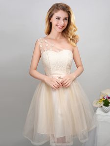 One Shoulder Sleeveless Tulle Mini Length Lace Up Bridesmaid Dress in Champagne with Lace and Appliques and Belt