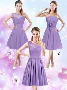 Amazing Scoop Lace and Ruching and Hand Made Flower Bridesmaid Gown Lavender Zipper Sleeveless Knee Length