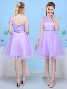 Fitting One Shoulder Lavender Sleeveless Knee Length Bowknot Lace Up Bridesmaid Dress