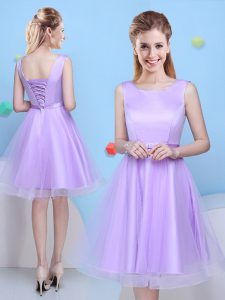 Scoop Lavender Lace Up Bridesmaid Dresses Bowknot Sleeveless Knee Length