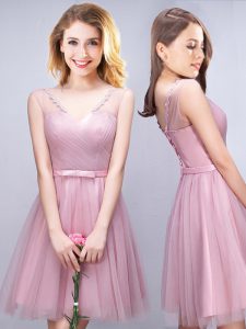 Fantastic V-neck Sleeveless Bridesmaid Dresses Mini Length Ruching and Bowknot Pink Tulle