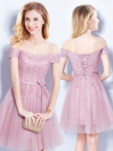 Off The Shoulder Sleeveless Tulle Bridesmaid Dresses Appliques and Belt Lace Up