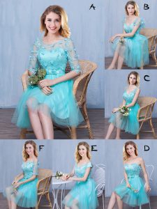 Luxurious Scoop Sleeveless Tulle Bridesmaid Dresses Lace and Appliques and Bowknot Lace Up