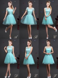 Mini Length Aqua Blue Bridesmaid Dress Tulle Sleeveless Beading and Lace and Appliques and Belt