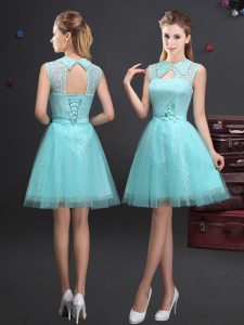 Artistic Aqua Blue A-line Lace and Appliques and Belt Bridesmaid Dress Lace Up Tulle Sleeveless Mini Length