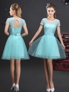 Custom Designed Scoop Short Sleeves Lace Up Wedding Party Dress Aqua Blue Tulle