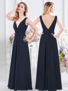 Hot Selling Empire Bridesmaids Dress Navy Blue V-neck Chiffon Sleeveless Floor Length Backless