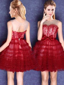 Fine Scoop Wine Red Ball Gowns Lace and Bowknot Wedding Party Dress Lace Up Tulle Sleeveless Mini Length