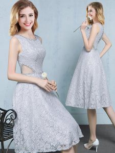 Exceptional Grey Scoop Lace Up Beading Bridesmaids Dress Sleeveless