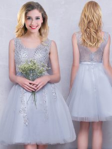 Scoop Tulle Sleeveless Mini Length Wedding Guest Dresses and Beading and Appliques